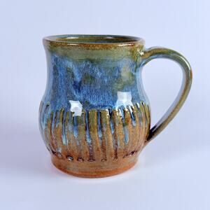 Studio Pottery Mug Signed Nancy Jana Kent JanaWare  Blue Green Drip 14oz
